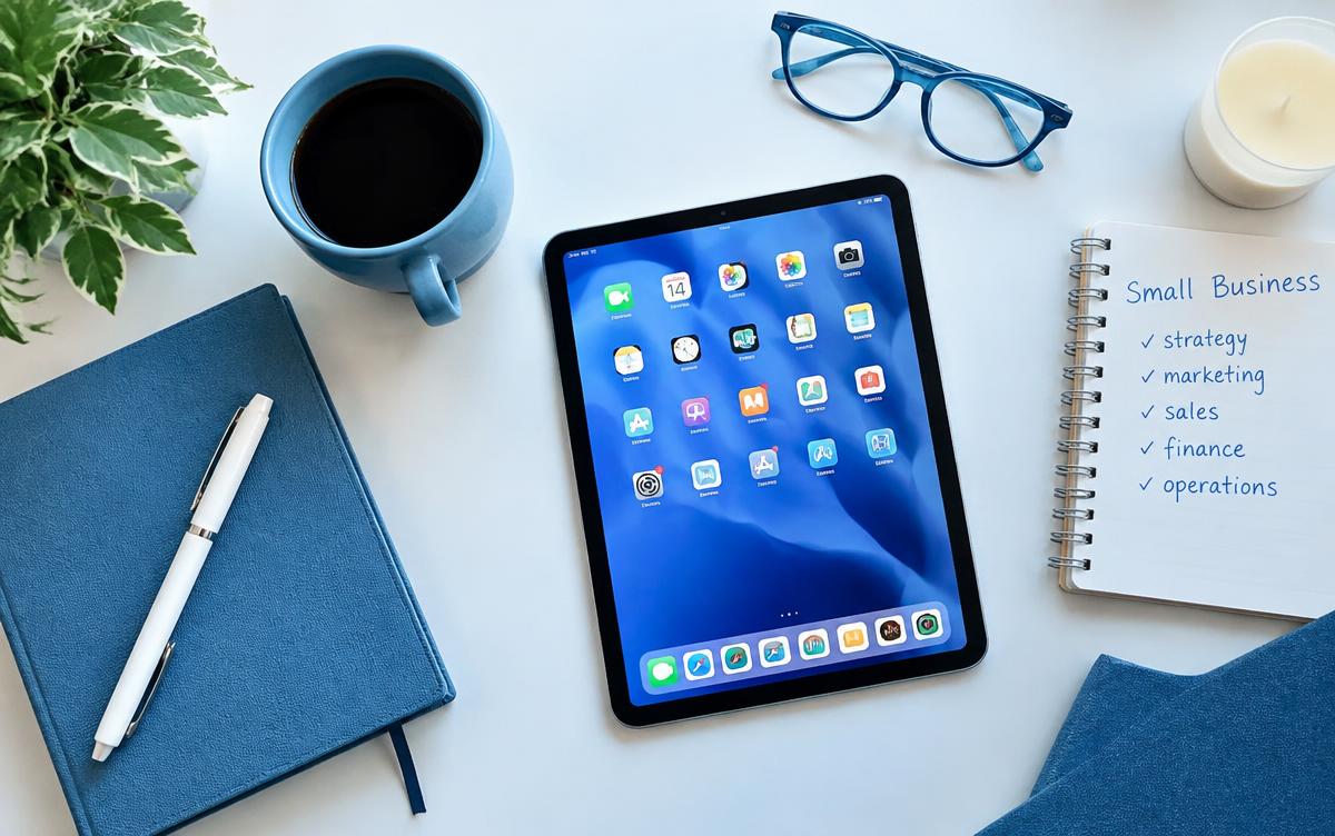 Tablet with app icons on a desk beside coffee and a notebook