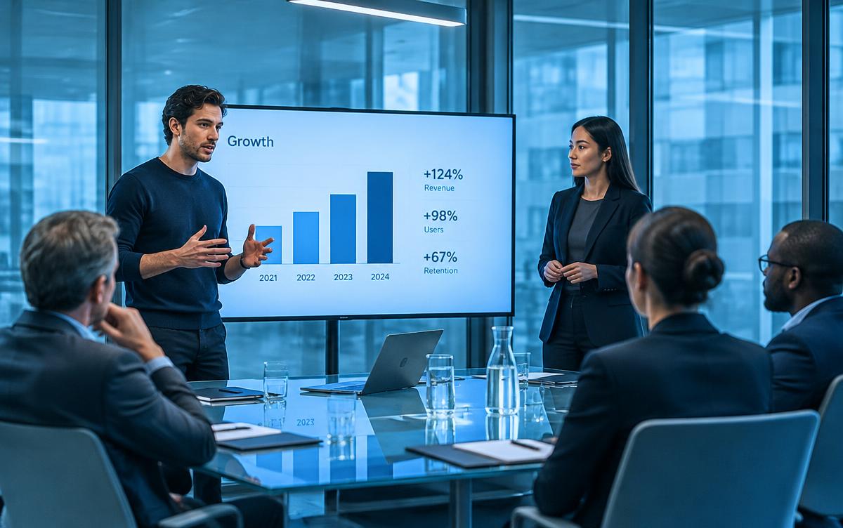 Founder presenting to investors in a glass meeting room